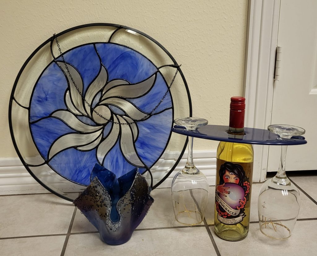 Gift set with stained glass pin wheel, draped fused vase, fused wine glass holder with etched wording