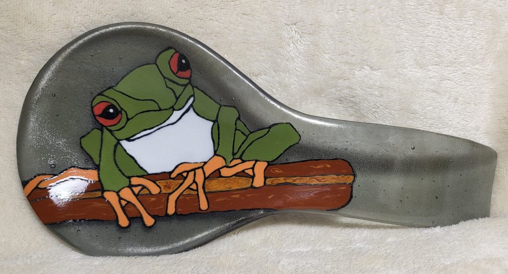 green frog enamel painted glass spoon holder